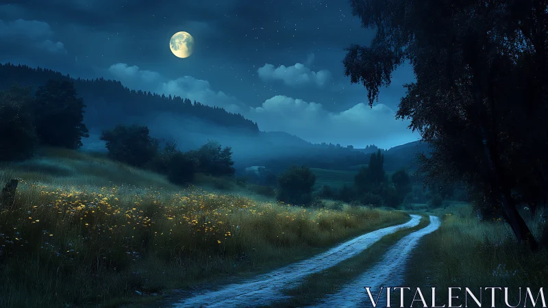 Moonlit rural dirt road crossing misty valley under stars