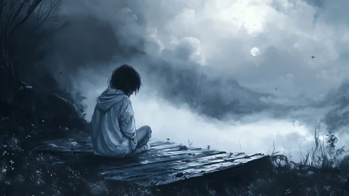 Solitary figure overlooks misty valley beneath pale moon