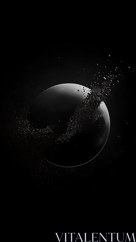 Dark spherical body with dissolving particle debris in space.