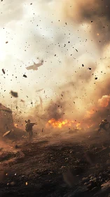 Shattered sky rains fire as soldiers sprint through ruin