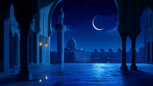 Mosque courtyard reflects crescent moon in deep blue night
