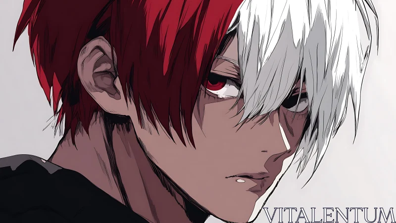 Asymmetric red white hair portrait with intense lateral gaze.