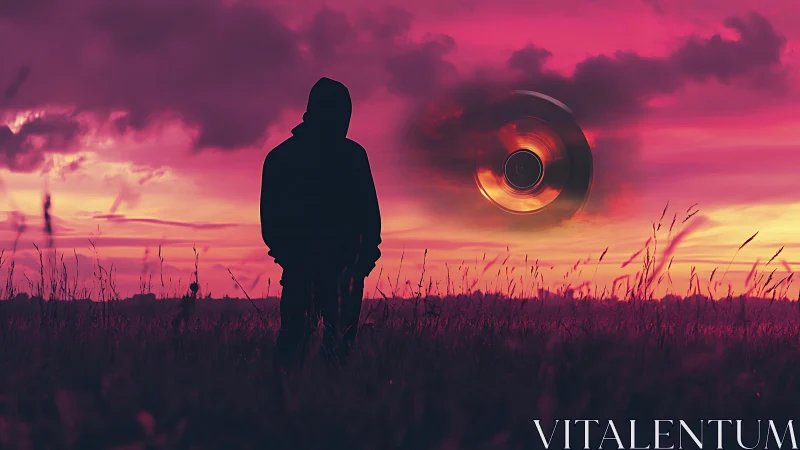 Silhouetted observer studies hovering disc in neon dusk sky