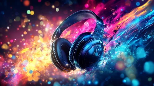 Vibrant neon headphones float in a burst of abstract color