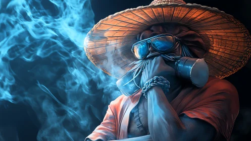 Desert drifter coolly contemplates within neon vapor haze