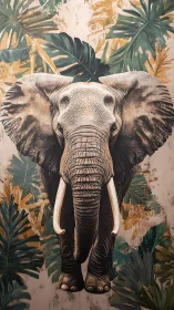 Elephant strides forward as jungle leaves swirl behind