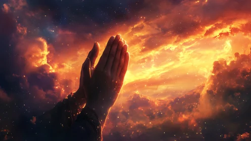 Hands in prayer against glowing golden and red clouds.