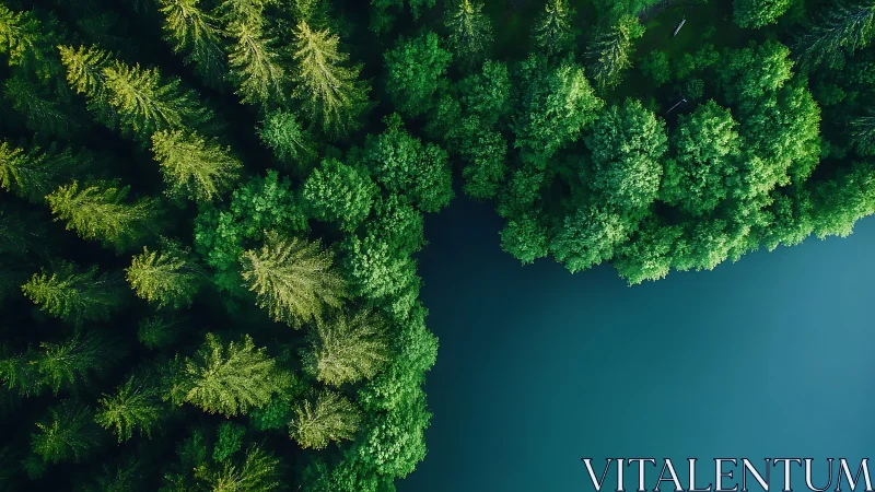 Aerial view of dense green forest beside tranquil blue lake.