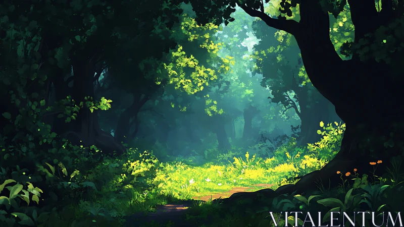 A Sunlit Forest Clearing Glowing with Wonder.