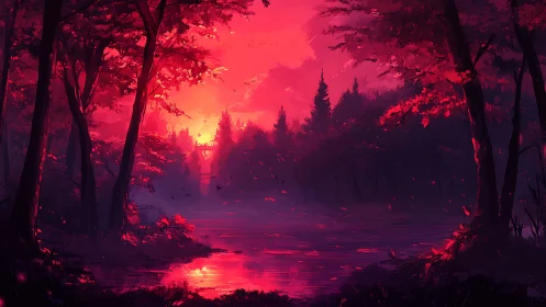 Crimson Veil: Forest Dawn Ablaze in Molten Radiance.