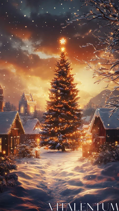 Snowy village Christmas tree glows under a golden sky.