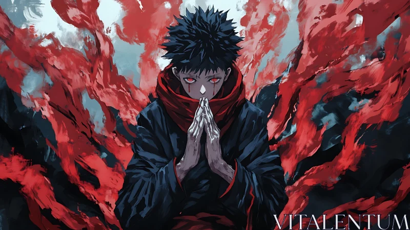 Calm yet powerful anime sorcerer wrapped in burning energy.