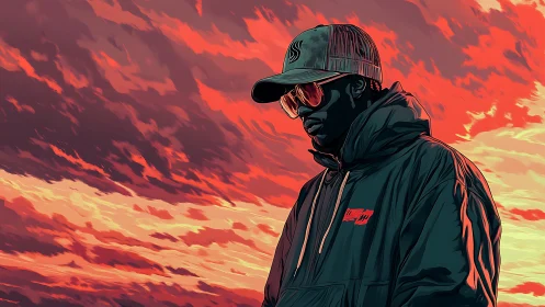 Hooded figure in cap against stylized red sunset sky.
