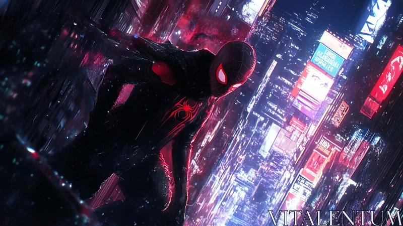 Midnight mask glows as neon skyscrapers tilt around vigilante