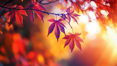 Fiery maple leaves glow against a golden autumn sunset sky