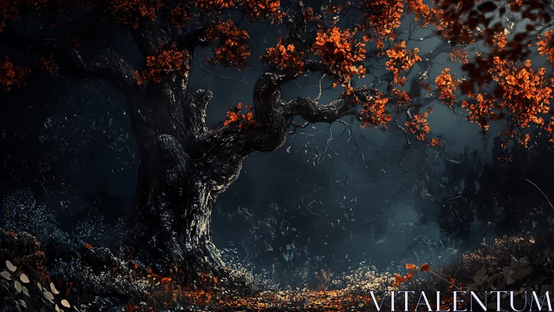 Twisted autumn tree under moody forest moonlight.