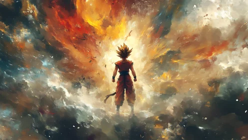Lone warrior walks into a swirling cosmic firestorm.