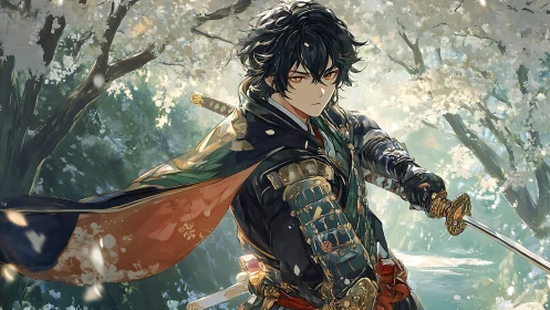 Samurai warrior stands in ornate armor beneath cherry trees