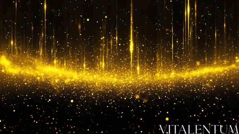 Golden particle wave over black background with light trails.