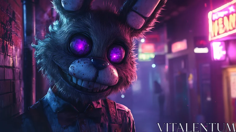 Creepy cyberpunk rabbit animatronic in neon alleyway.