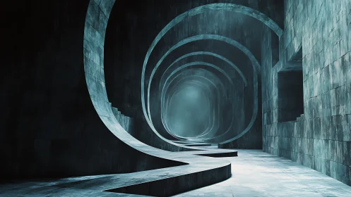 Spiral Tunnel Architecture in Teal Concrete Space.