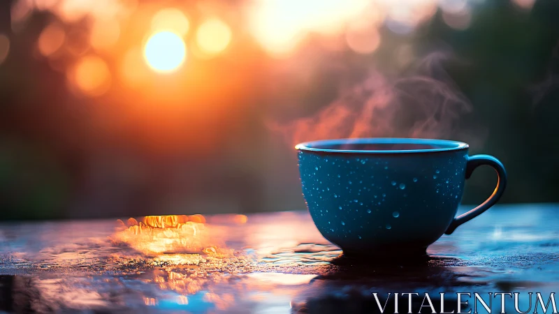Blue coffee cup steams against vivid sunrise bokeh light