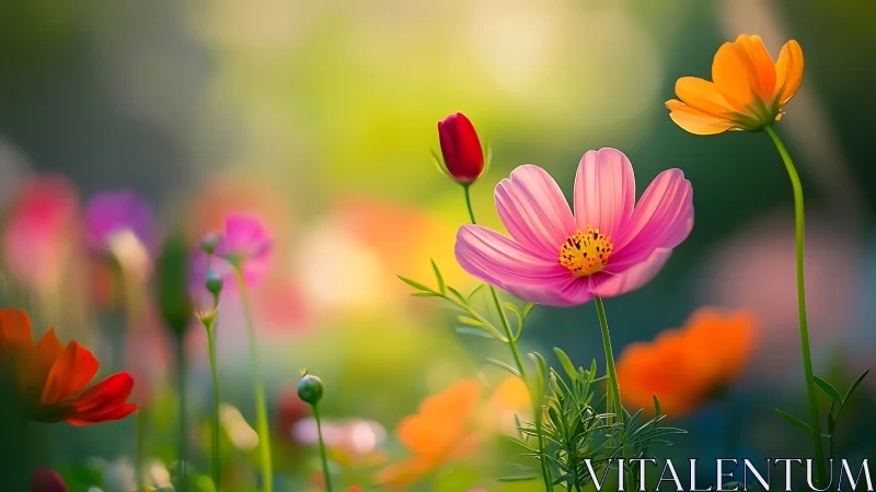 Cosmos flowers in soft focus garden landscape.