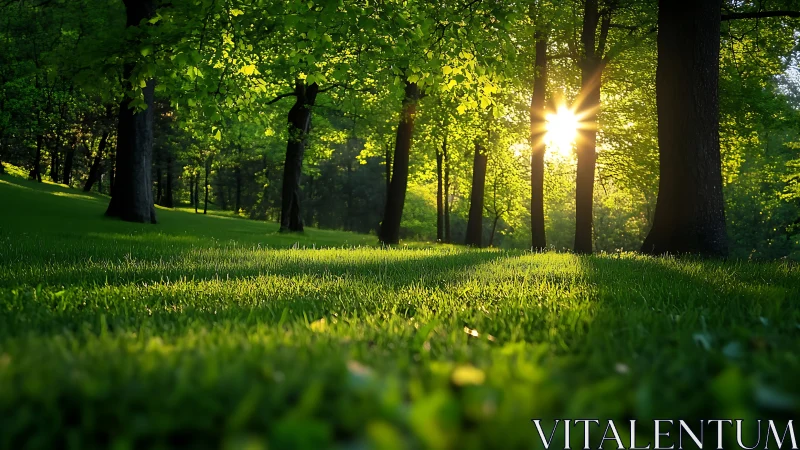 Low-angle forest lawn captures backlit trees and sunstar rays