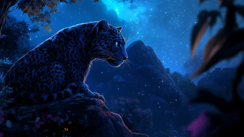 Leopard Under Starlit Sky - Mystical Night Scene.