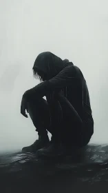 Hooded figure crouches in rain, silhouette against mist