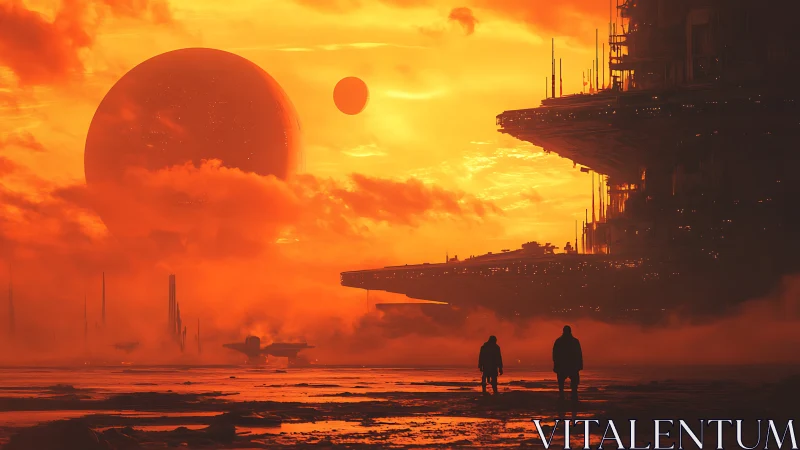 Colossal orbital sphere and megastructure in molten fog skyline.