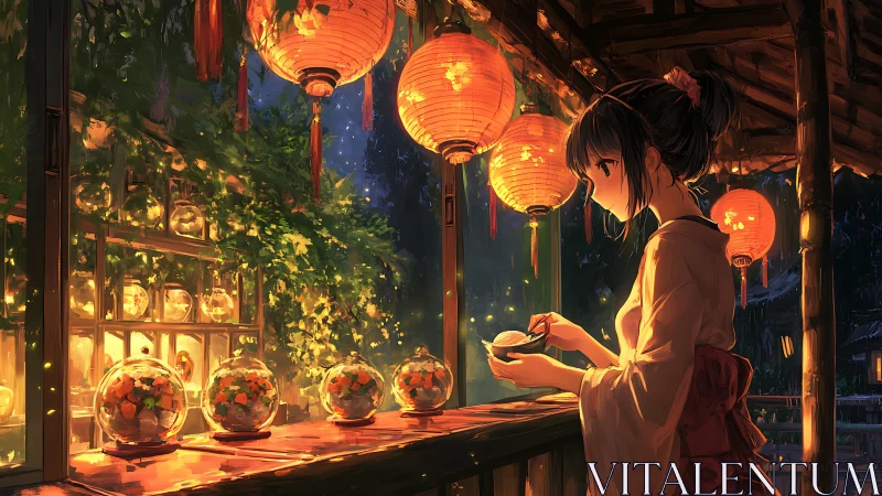 Lantern-lit girl prepares sweets in a tranquil festival night.