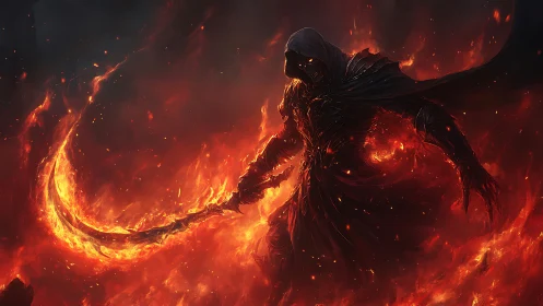 Hellfire wraith wielding incandescent scythe in eruption