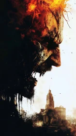 Burning giant looms over a crumbling, ghostly cityscape.