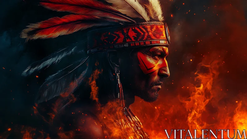 Fiery warrior profile crowned in vivid red ceremonial feathers.