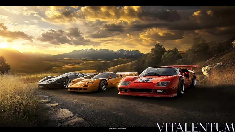 Sports cars parked on rural road at sunset landscape.