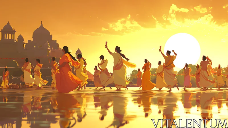 Sunlit ceremonial dancers traverse reflective temple plaza