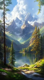 Mountain lake landscape with pine forest and bright clouds.