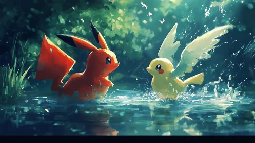 Luminous electric creatures in dynamic aquatic interaction.