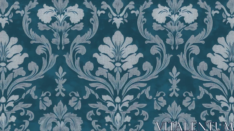 Teal damask wallpaper pattern with silver floral scrolls.