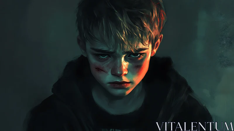 Bruised boy portrait under harsh cinematic teal lighting.