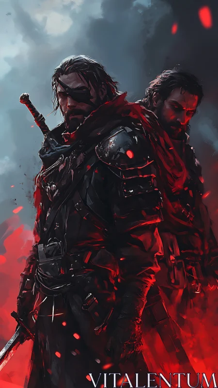 Scarred warriors stand in burning embers before storm clouds