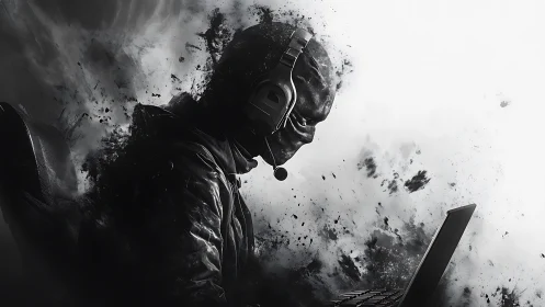 Hooded gamer with headset at laptop in dark abstract smoke.