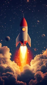 Stylized rocket launch rising through clouds into space.