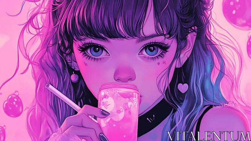 Neon-lit girl sipping glowing drink in high-saturation digital art