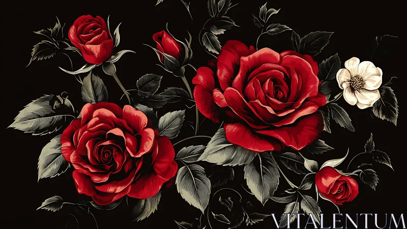 Red and white roses illustrated against black background with detailed foliage