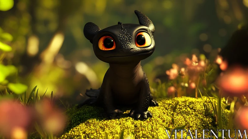 Micro-dragon character on mossy forest floor in bokeh light.