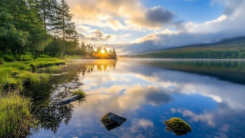Golden sunrise gently awakens a calm forest lake scene