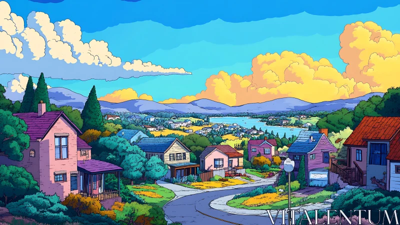 Digital painting of lakeside suburb under dramatic cloudscape.