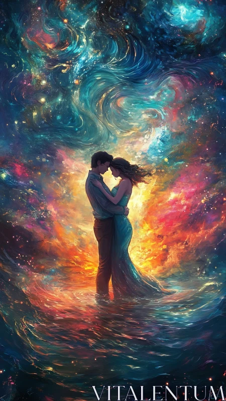 Cosmic Embrace: Silhouetted Figures Within Swirling Nebular Energy.